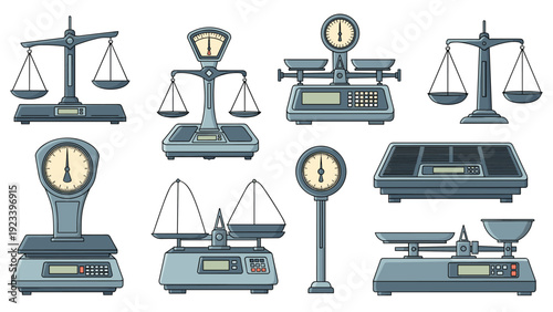Comprehensive collection of diverse weighing scale designs including vintage balance beams and modern digital platforms.