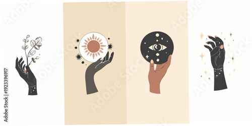 Mystical hands holding celestial elements sun moon plants and cosmic energy