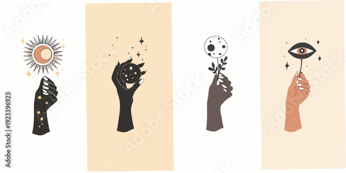 Mystical hands holding celestial bodies and an eye a dreamy illustration