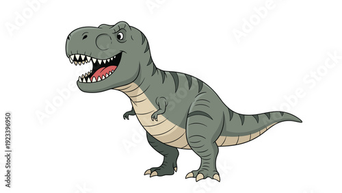 Ferocious green Tyrannosaurus Rex dinosaur with sharp teeth and powerful build shown in a dynamic profile view.