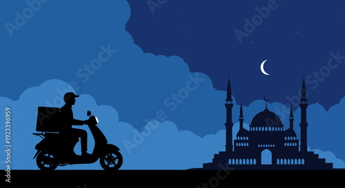 Silhouette of a delivery person on a scooter at night.