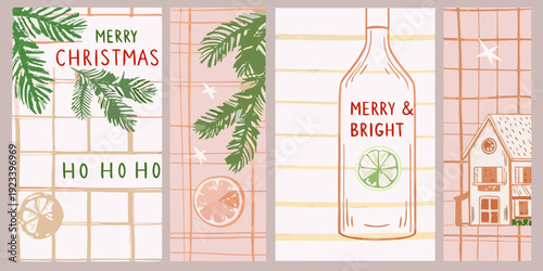Festive holiday cards with christmas elements wine and cozy winter scenes