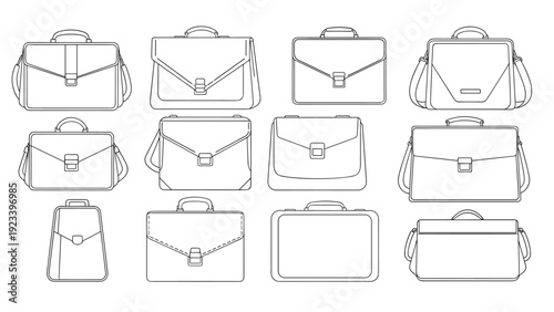 Professional collection of briefcase and messenger bag outlines showing various styles for business and travel needs.