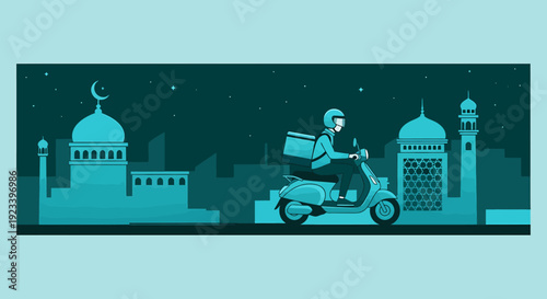 Man on scooter delivering food in city at night.