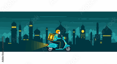 Delivery person on scooter with thermal bag at night.