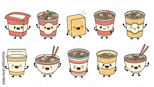 Adorable set of cartoon instant noodle characters in cups and bowls with cute faces and friendly expressions.