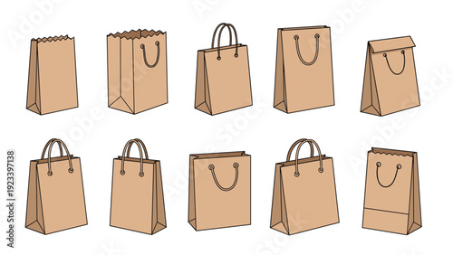 Various perspectives and styles of brown paper shopping bags with different handle designs for retail and groceries.