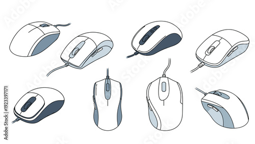 Collection of computer mice sketches shown from different angles and perspectives highlighting modern ergonomic designs.