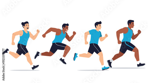 Dynamic illustration of four male runners of different ethnicities jogging or sprinting in athletic wear.