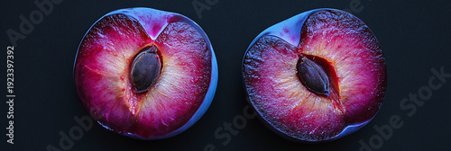 Juicy Plum Halves with Seed, Close-up Macro Shot on Dark Background