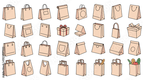 Large assortment of paper shopping bags, gift boxes, and grocery carriers in various shapes and orientations.