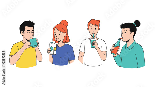 Group of young people enjoying different types of drinks including coffee in a mug milk from a carton and soda in a bottle.