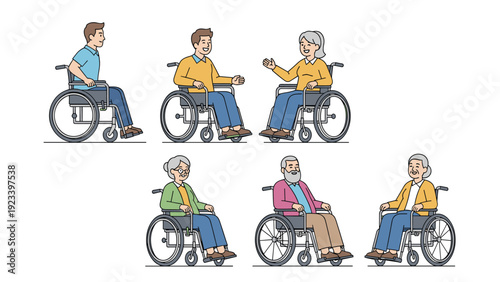 Diverse group of people of various ages and backgrounds sitting in wheelchairs isolated on a plain white background.