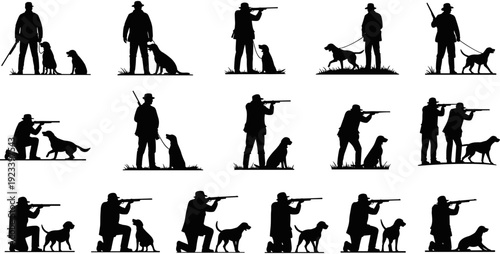 Hunter, silhouette, with, dog, shotgun, shooting, vector, set, collection, hunting, sport, outdoor, field, hobby, man, rifle, animal, aiming, nature, gear.