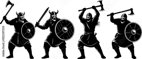 Viking, warrior, silhouette, set, medieval, soldier, barbarian, fighter, norse, ancient, battle, armor, weapon, shield, helmet, northman, scandinavian, mythology, army, group.