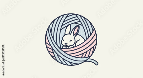 Cute rabbit snuggled in ball of colorful yarn on pastel background feeling safe and cozy in soft calming environment