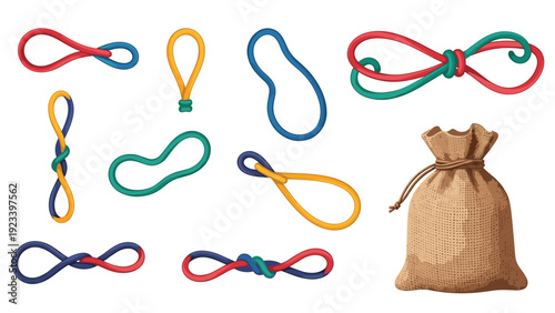 Assorted colorful knotted rope loops and a textured burlap sack arranged on a white background for nautical or rustic design.