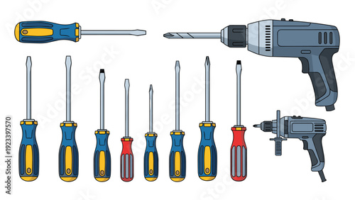 Comprehensive collection of hand screwdrivers and electric power drills in various sizes and colors for home repair and construction.