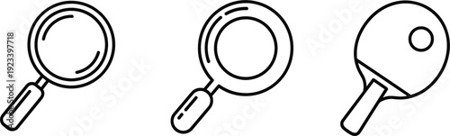 Magnifying glass and table tennis paddle icons in outline style isolated flat vector set