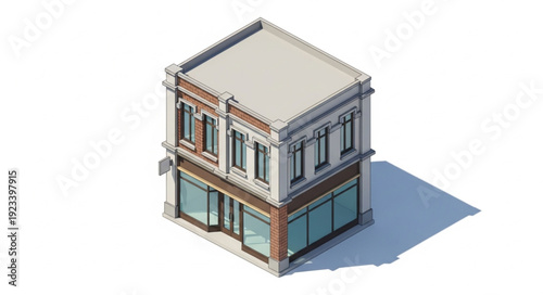 Isometric view of a detailed two-story building with architectural design.