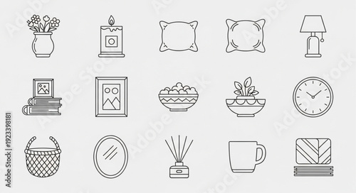 Collection of hand drawn home decor objects and decorative elements.