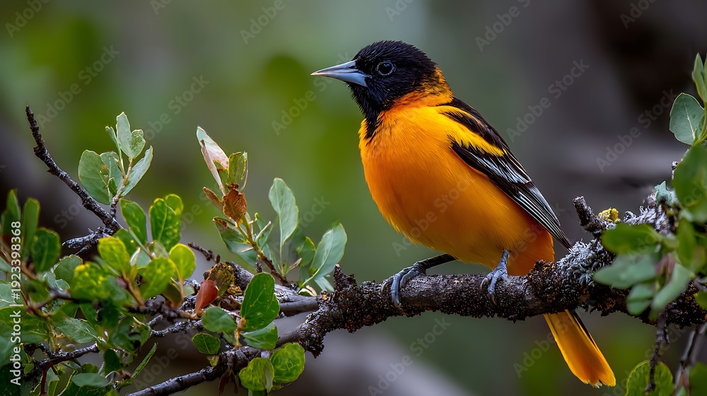 Fototapeta premium A colorful robin perched on a tree branch in spring showcases beautiful red feathers and a sharp beak