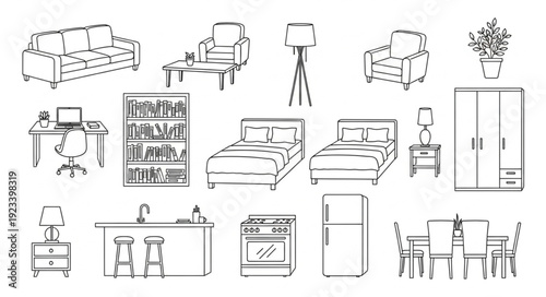Collection of hand drawn furniture and home decor items.