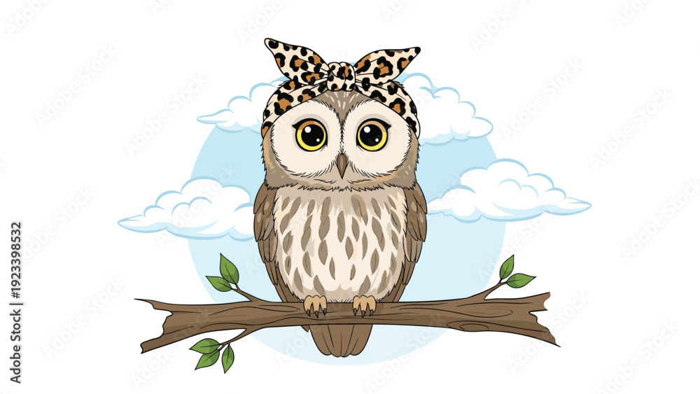Obraz premium Stylish owl wearing a leopard print headband perched on a tree branch against a blue sky with soft white clouds in the background.