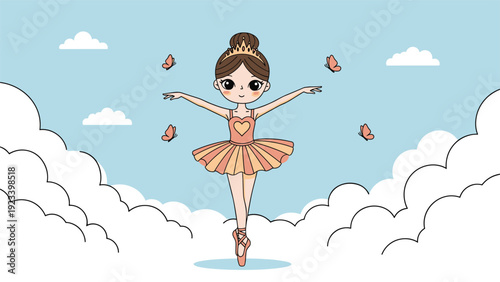 Graceful little ballerina girl dancing in the sky among fluffy white clouds and butterflies while wearing a crown and tutu.
