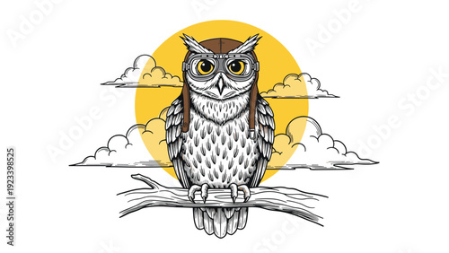 Detailed vintage style owl wearing pilot goggles and a leather cap perched on a tree branch against a large yellow sun and clouds.