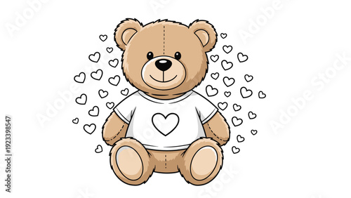 Classic brown teddy bear wearing a white t-shirt with a heart and sitting in the center of many floating small white hearts.