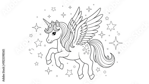 Majestic winged horse pegasus or unicorn flying through a starry sky surrounded by many twinkling stars in a line art drawing.