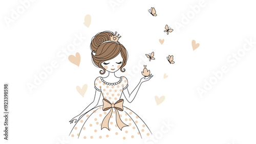 Beautiful princess in a polka dot gown surrounded by soft hearts and butterflies in a delicate and whimsical line art style.