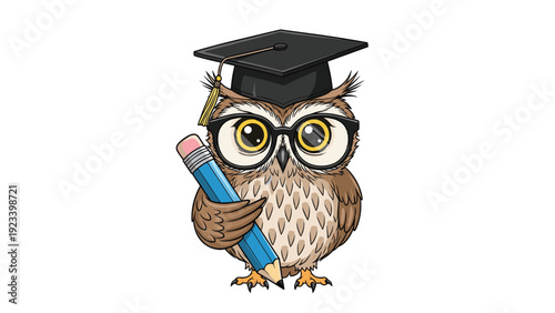 Wise owl wearing a black graduation cap with a tassel and round glasses, holding a blue pencil, isolated on white background.