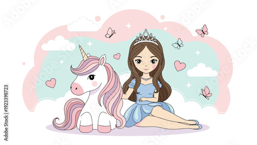Beautiful princess girl in a blue dress sitting with a magical unicorn, surrounded by pink hearts, butterflies, and white clouds.