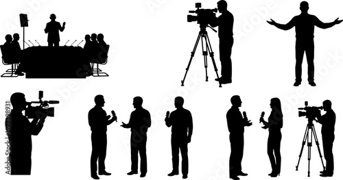 Journalists and camera crew silhouettes conducting interviews and broadcasting live news at a press conference or media event vector,