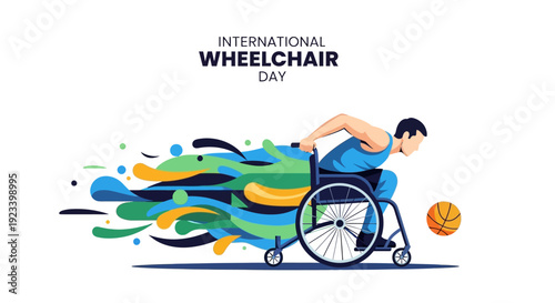A man in a wheelchair plays basketball on International Wheelchair Day, promoting disability inclusion and mobility rights with assistive technology.