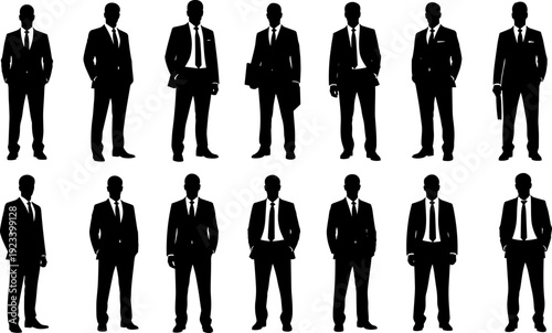 Professional, vector, illustration, showing, a, set, of, different, businessman, silhouettes, in, formal, suits, and, poses, on, white, background.