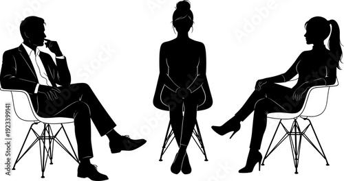 Business people sitting in chairs silhouette, group discussion vector illustration, professional meeting silhouette, corporate team talking, office furniture scene,