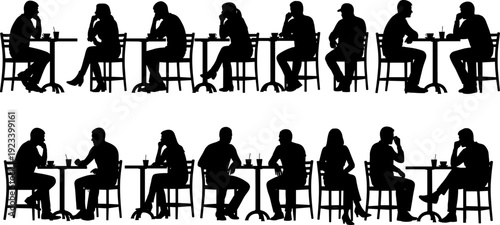 People sitting at cafe tables silhouette vector, restaurant customers silhouettes, dining people set, man and woman sitting at tables silhouette,