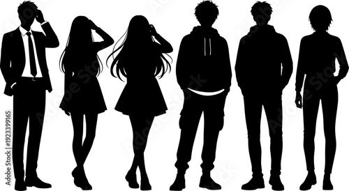 Business people shaking hands and diverse people standing silhouettes, professional partnership handshake, corporate deal agreement, group of casual and formal people,