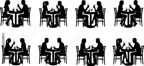 Couple having romantic dinner date silhouette, people sitting at restaurant table drinking wine, dating set, fine dining, anniversary, evening,silhouette, people, dinner, restaurant, date, couple, win
