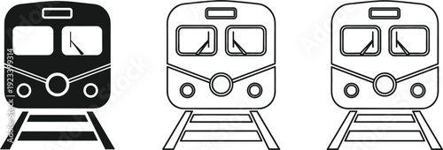Front View Train Icon Set with Modern Subway Locomotive Outline and Solid Vector Illustration Collection
