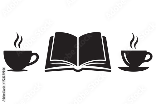 Open book and hot coffee cup silhouette vector reading concept
