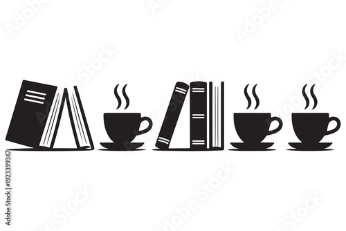 Open book and hot coffee cup silhouette vector reading concept
