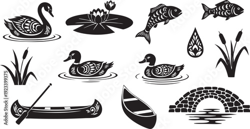 Black and white of swans ducks fish plants and a canoe on water