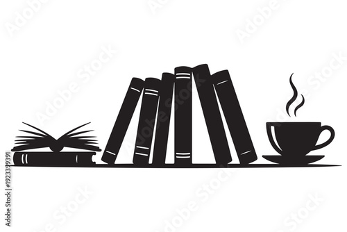 Open book and hot coffee cup silhouette vector reading concept
