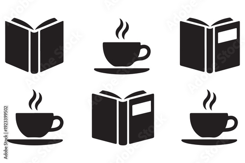 Open book and hot coffee cup silhouette vector reading concept
