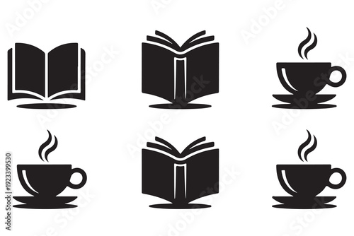 Open book and hot coffee cup silhouette vector reading concept
