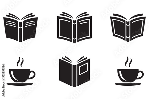 Open book and hot coffee cup silhouette vector reading concept
